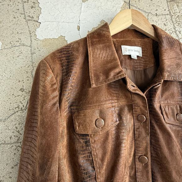 Vintage Jacket Faux Leather Reptile Womens L Brown Croc Print Trucker Cut Coat - Picture 2 of 6
